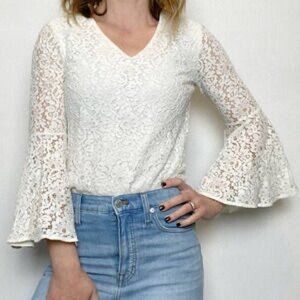 CATHERINE MALANDRINO White Floral Lace Top with Bell Sleeve.  Size S